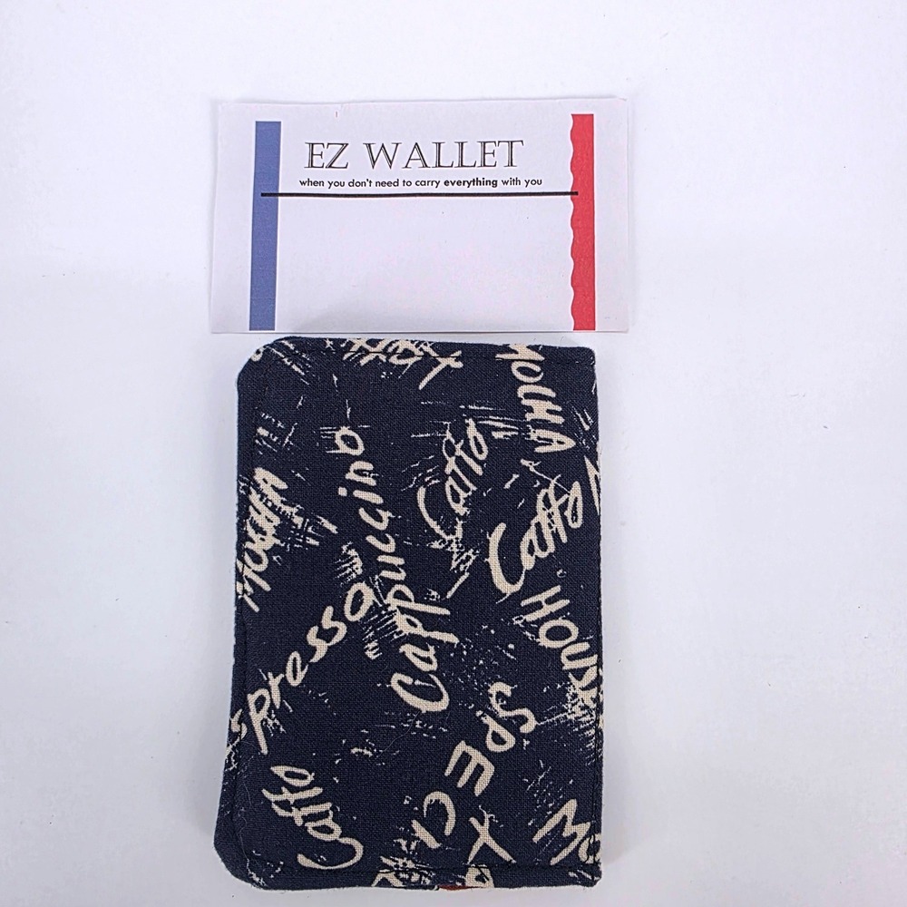 EZ Wallet Coffee Print Fabric Slim Bifold Card Holder Navy Brown Barista Style - Picture 2 of 5